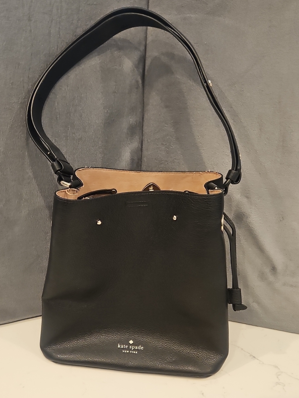 kate spade Black Leather Shoulder Bucket Bag with Tan Interior